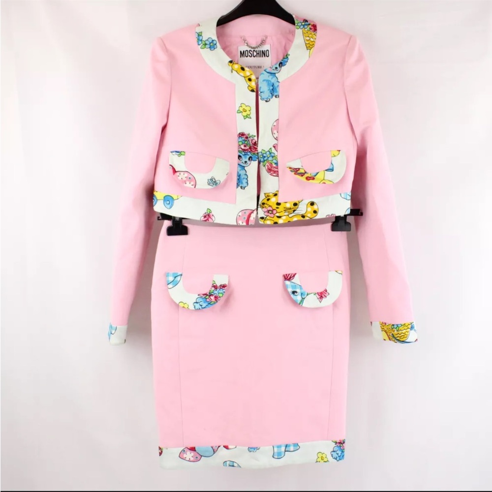 Moschino Couture Pink Jacket & Mini Skirt with Calico Animal Contrast Trim US 6